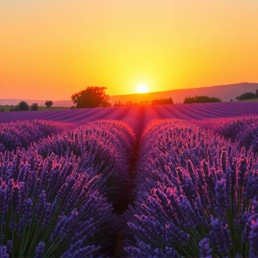 Champs de lavande en Provence au coucher du soleil