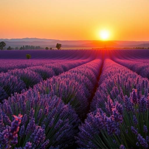 Champs de lavande en Provence au coucher du soleil
