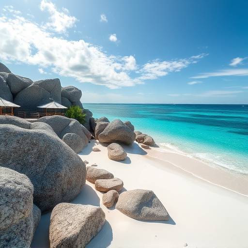 Plage de sable blanc aux Seychelles avec des rochers de granit