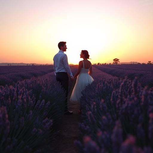 Tournage d'un film romantique dans un champ de lavande en Provence, au coucher du soleil