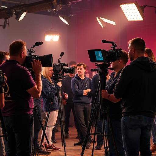 Une équipe de tournage travaillant sur un plateau de cinéma, mettant en lumière le travail collaboratif et la créativité