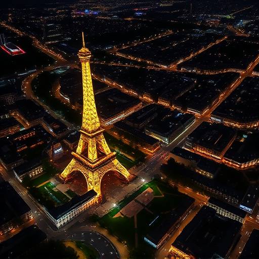 Vue aérienne de Paris avec la Tour Eiffel illuminée